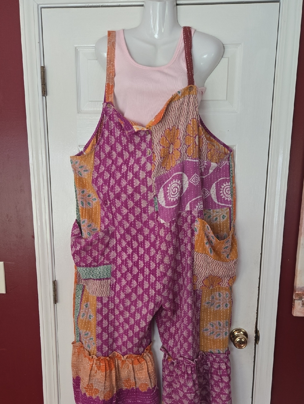 Boho Patchwork Pink and Orange Jumpsuit Overalls